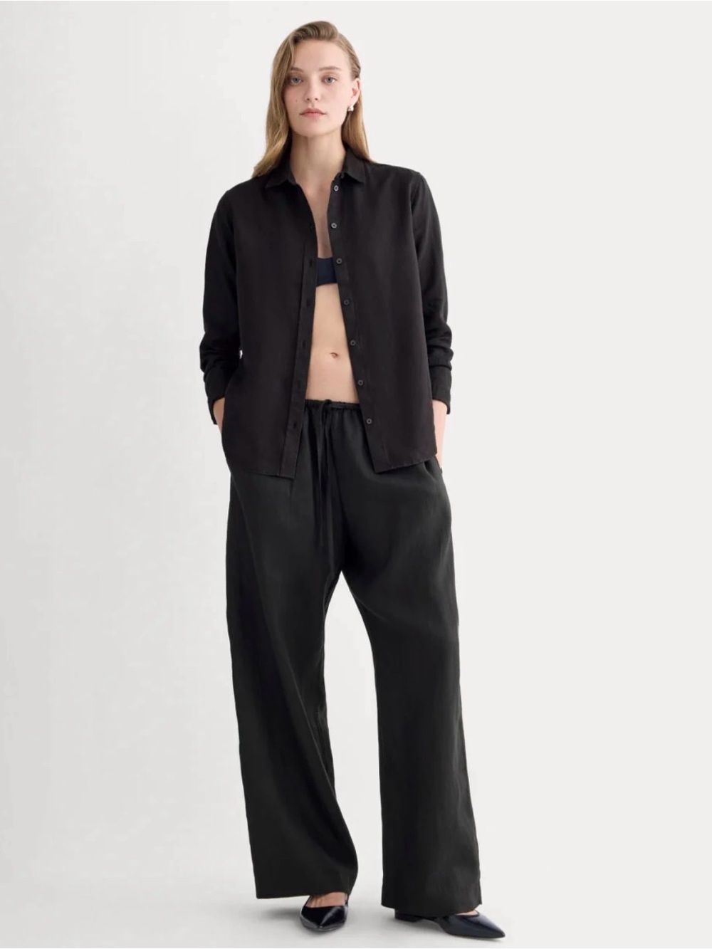 New Everlane THE DRAWSTRING PANT IN LINEN Black Size XXS